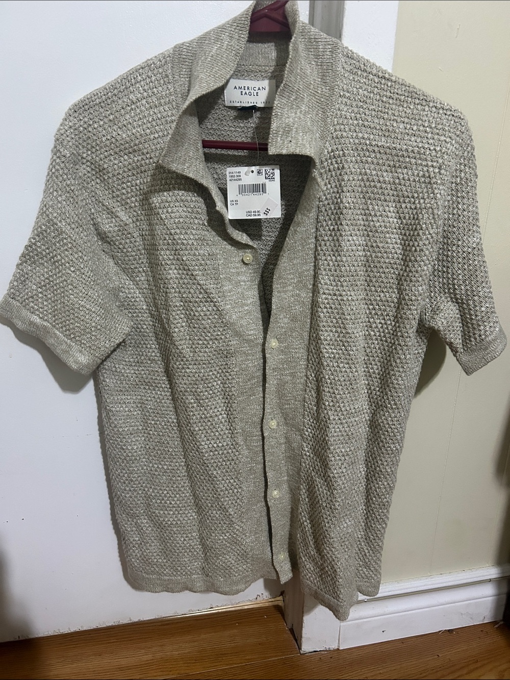 American Eagle Outfitters Short-Sleeve Knit Button-Up Shirt in Oatmeal